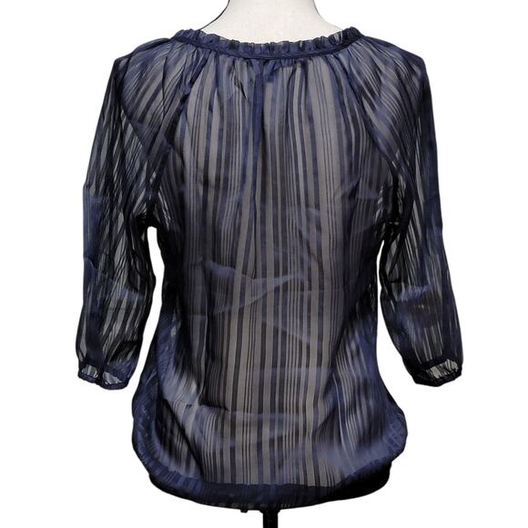 Express Blue Sheer Blouse Womens Sz S Tonal Stripe 3/4 Sleeve Tie Neck Top Shirt - Picture 4 of 6